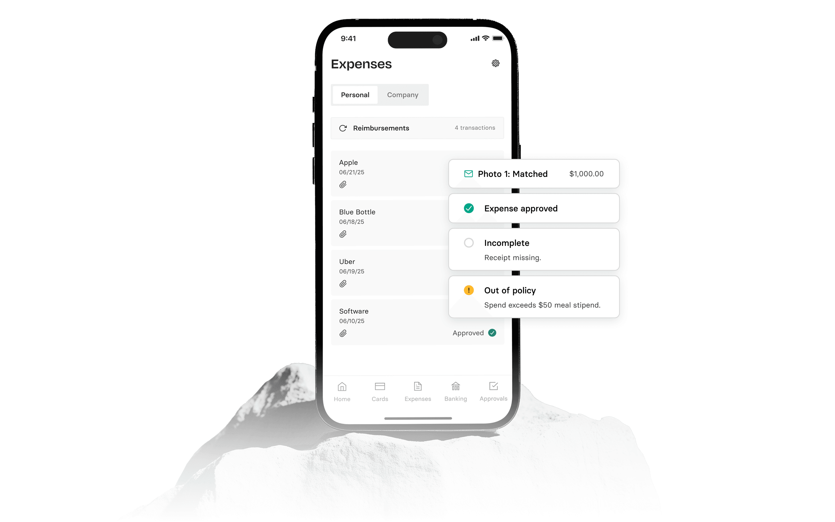 Smartphone displaying an expense tracking app with notifications for matched, approved, incomplete, and out-of-policy expenses.